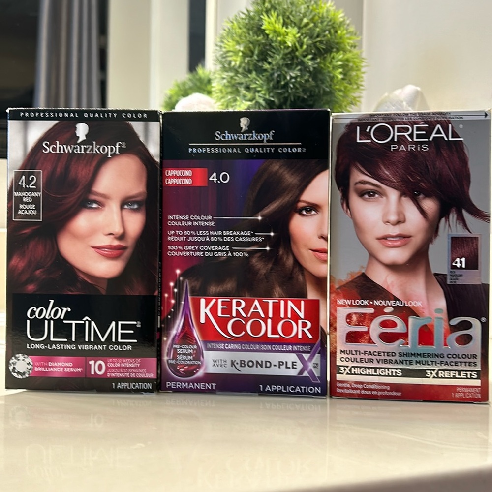 Schwarzkopf Keratin Colour 4.0 Cappuccino, 4.2 Mahogany Red, L’Oréal Feria 41